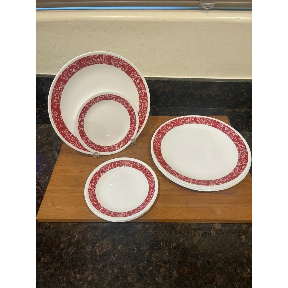 Corelle Bandhani Red White 4 Dinner and 4 salad plates